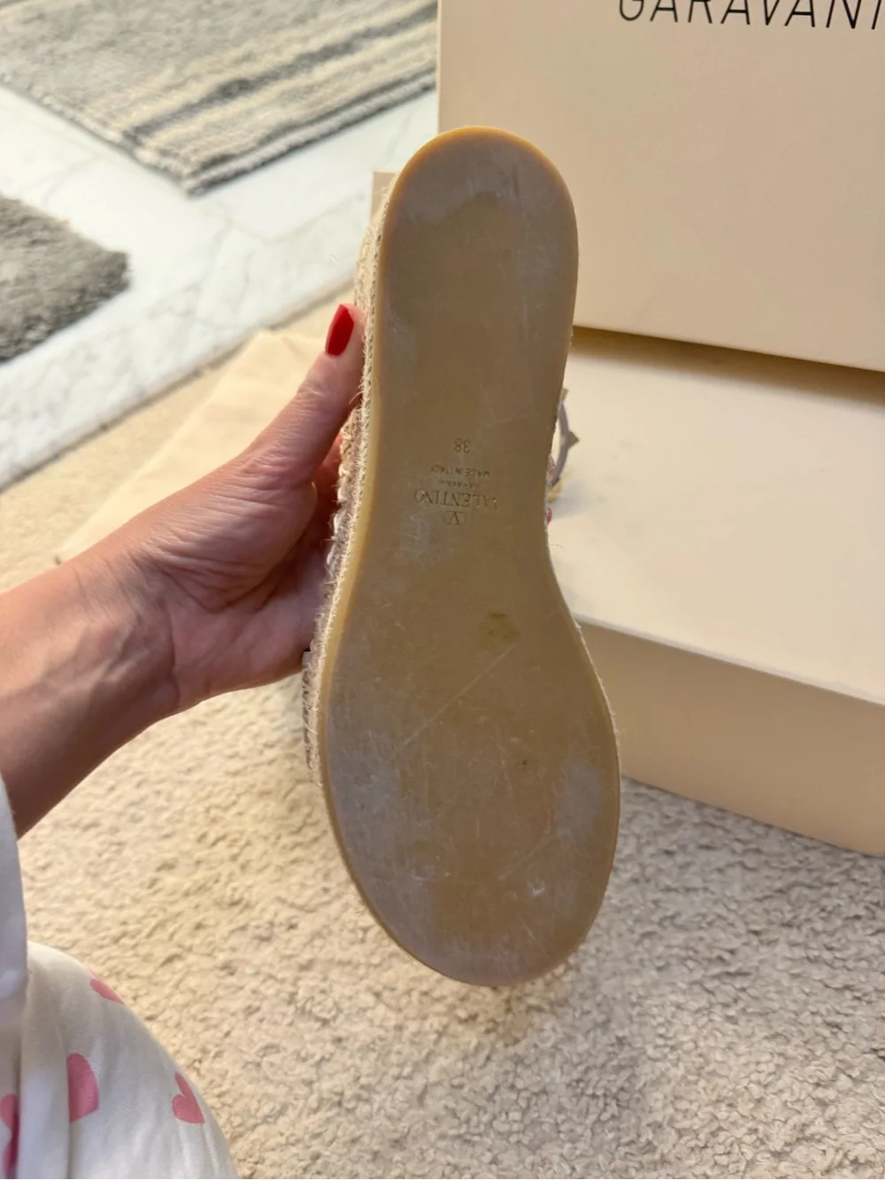 Valentino Garavani Taupe Leather Rockstud Espadrille Wedge